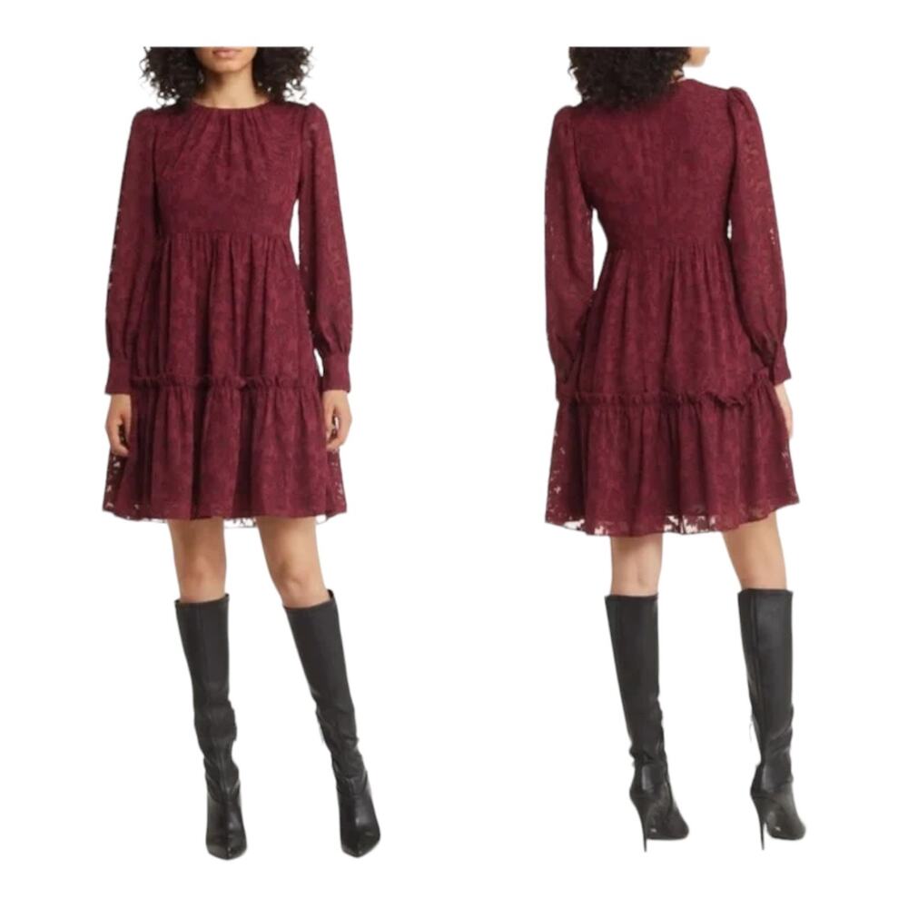 Eliza J Dress floral long sleeve tiered dark red size 2